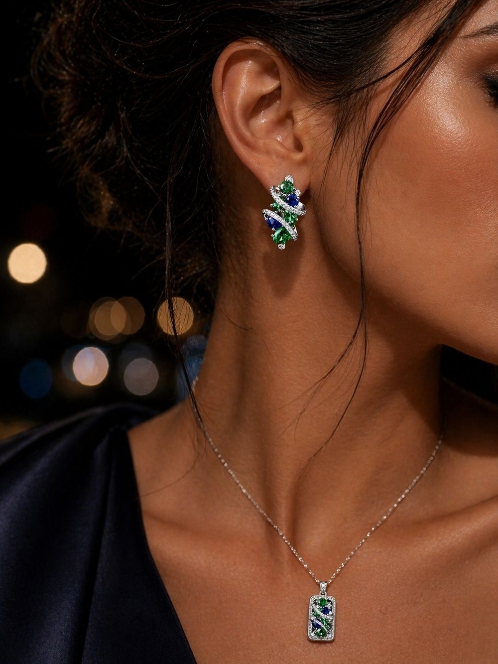 Twist Crystal Stud Earrings in Emerald & Sapphire - Women Jewelry - Picture 7 of 11